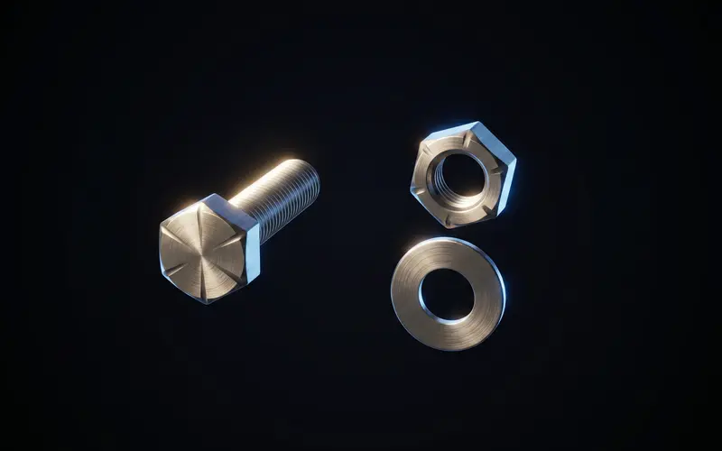 A metric hex head bolt with a matching hex nut and a flat washer